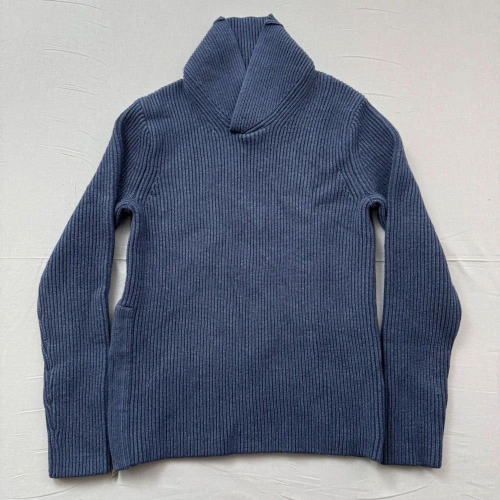 Banana Republic Mens Shawl Collar Ribbed‎ Sweater Navy Blue Side Zip Size Small